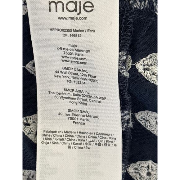 Maje Women's Size 34 Navy Woven Embroidered Frills Round Neck Trapeze Mini Dress - Picture 6 of 13